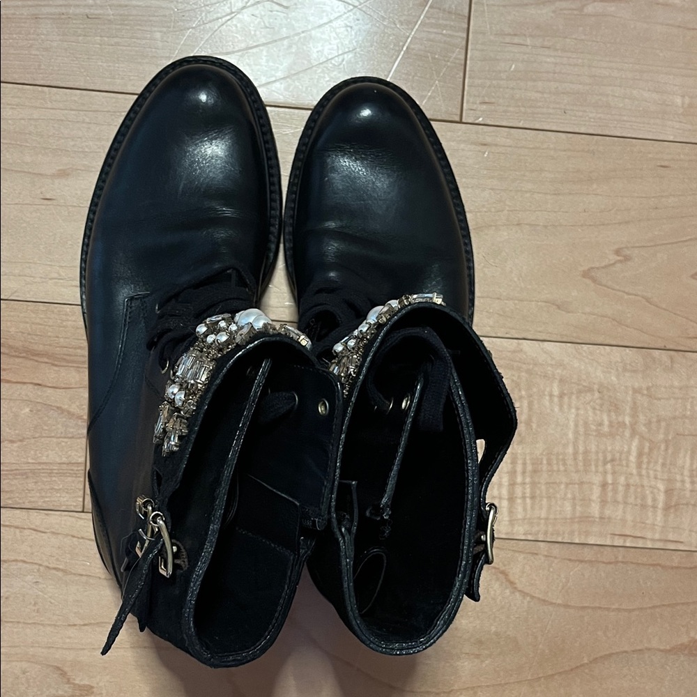 Rare Rene Caovilla Black Crystal Embellished Suede Combat Boots Size 38.5 - Picture 7 of 16